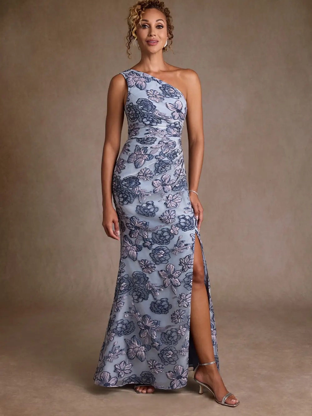 Azazie Light Blue One-Shoulder Floral Gown with Side Slit